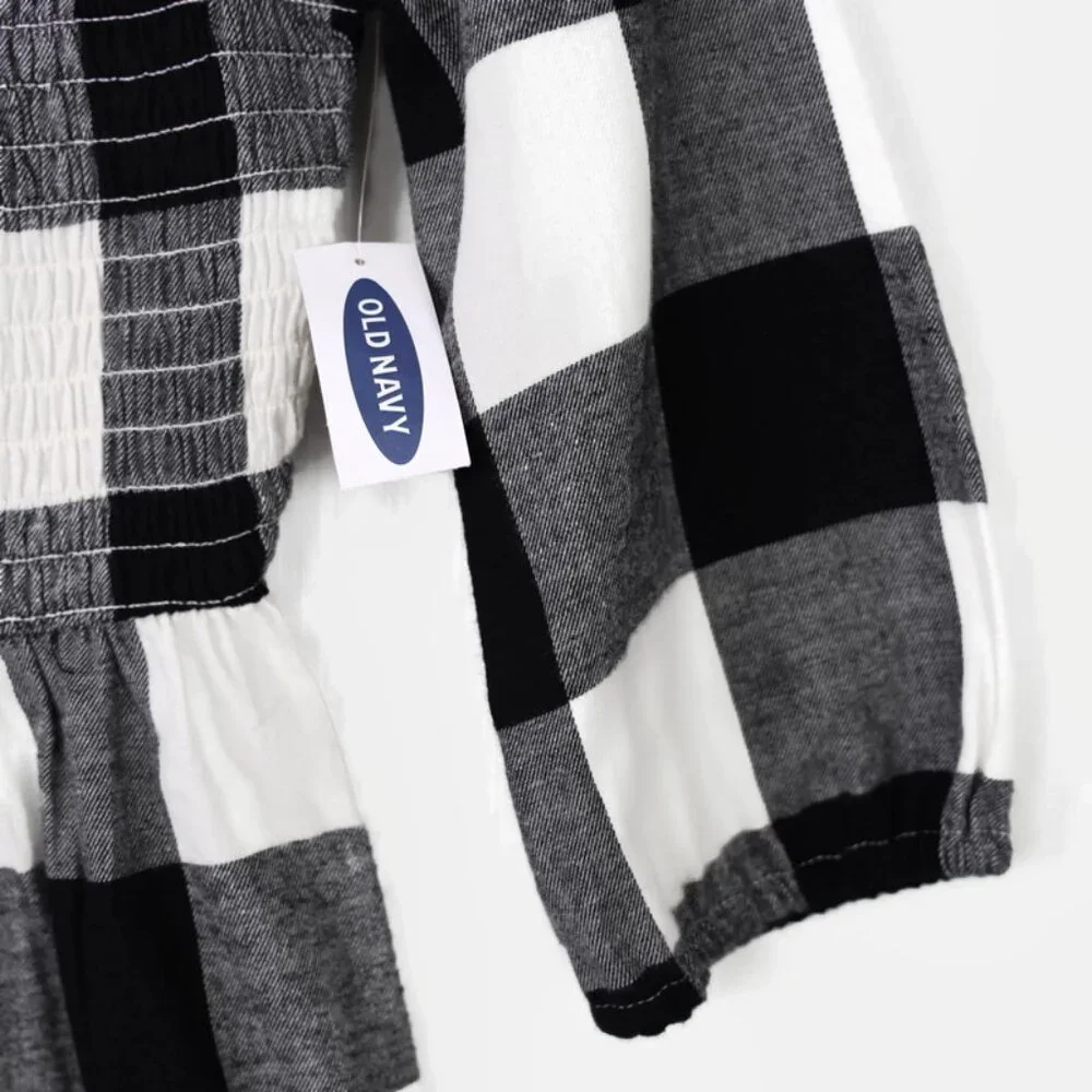 Old Navy Black White Plaid Flannel Smocked Long Sleeve Dress Girls‎ XL 14 16